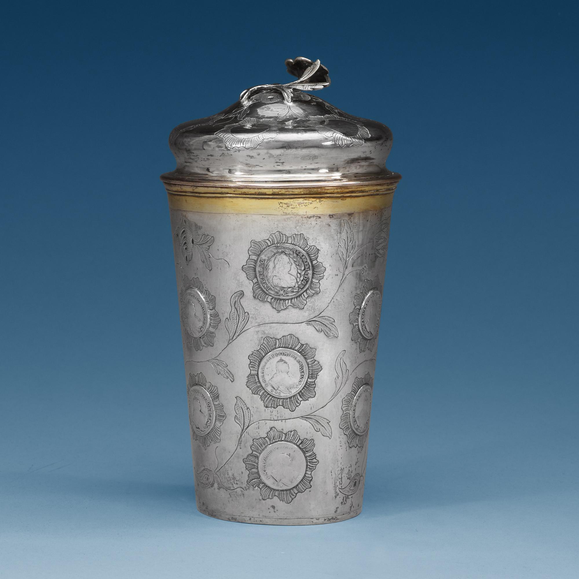 A Baltic 18th century pacel-gilt beaker and cover, unidentified makers mark.