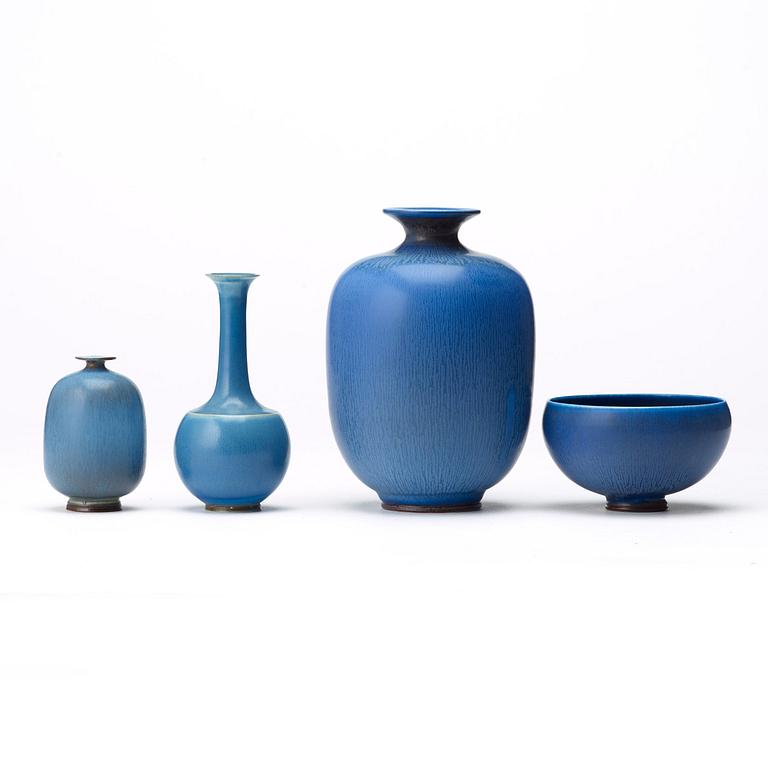 Berndt Friberg, a set of three stoneware vases and a bowl, Gustavsberg studio 1976.