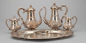 KAFFE-/TESERVIS, 6 delar, silver 925, Thailand 1900-talets första hälft. Tot. vikt ca 2600 g.