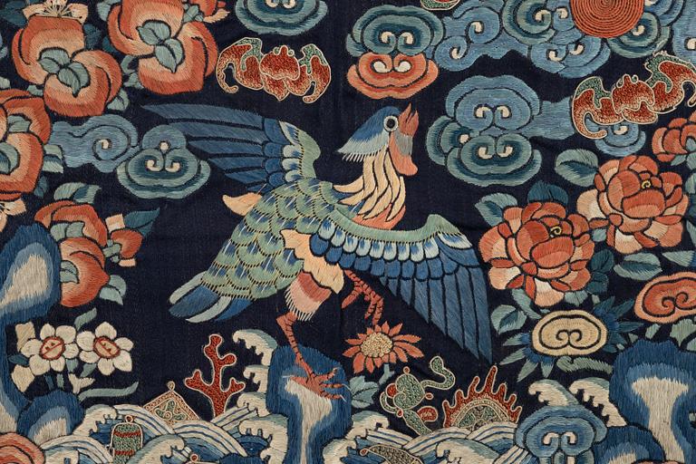 An embroidered rank badge with a bird, Qing dynasty, 19th century.