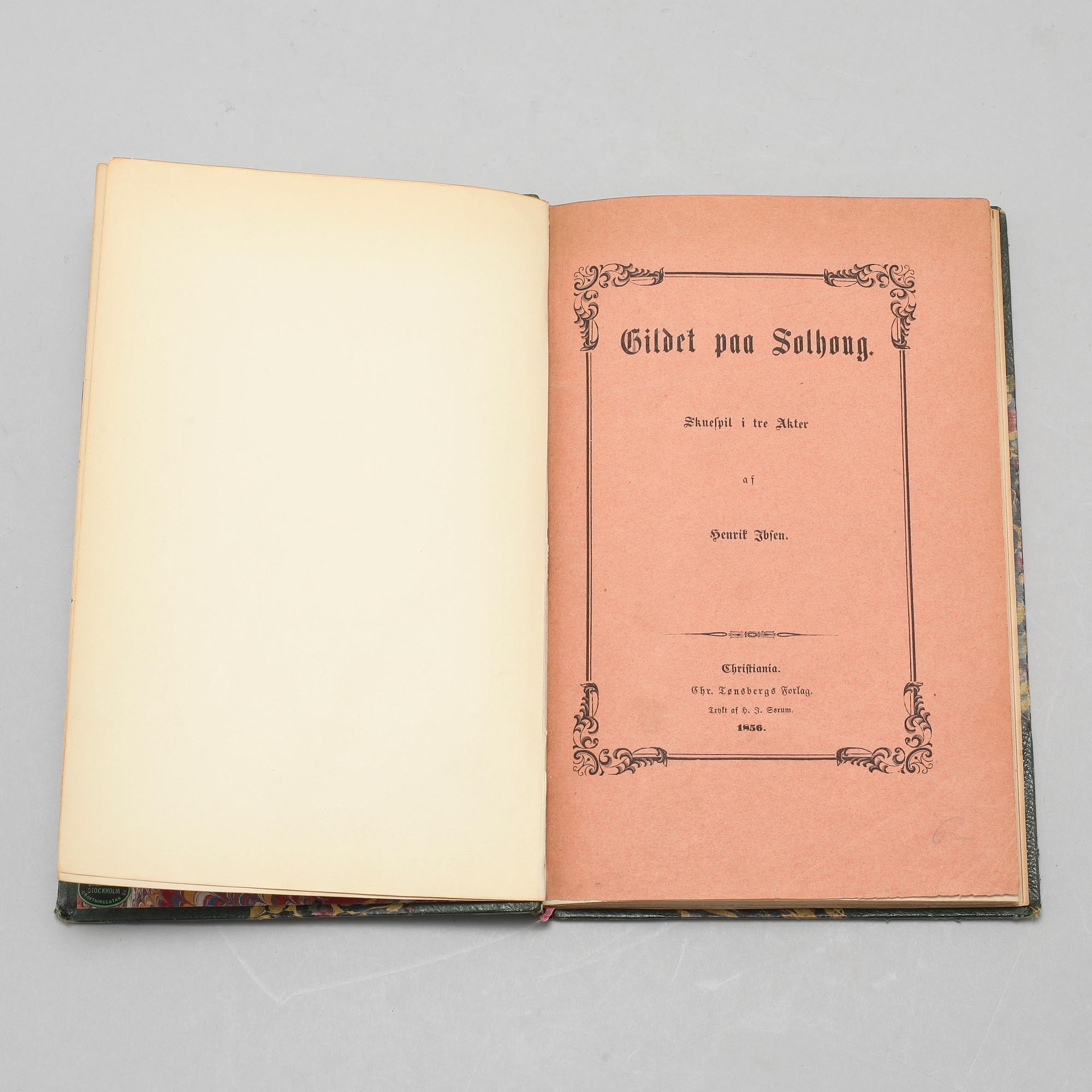 BOOK, Ibsen, Henrik, "Gildet på Solhoug, Skuespil i tre Akter", Christiania (Oslo) 1856.