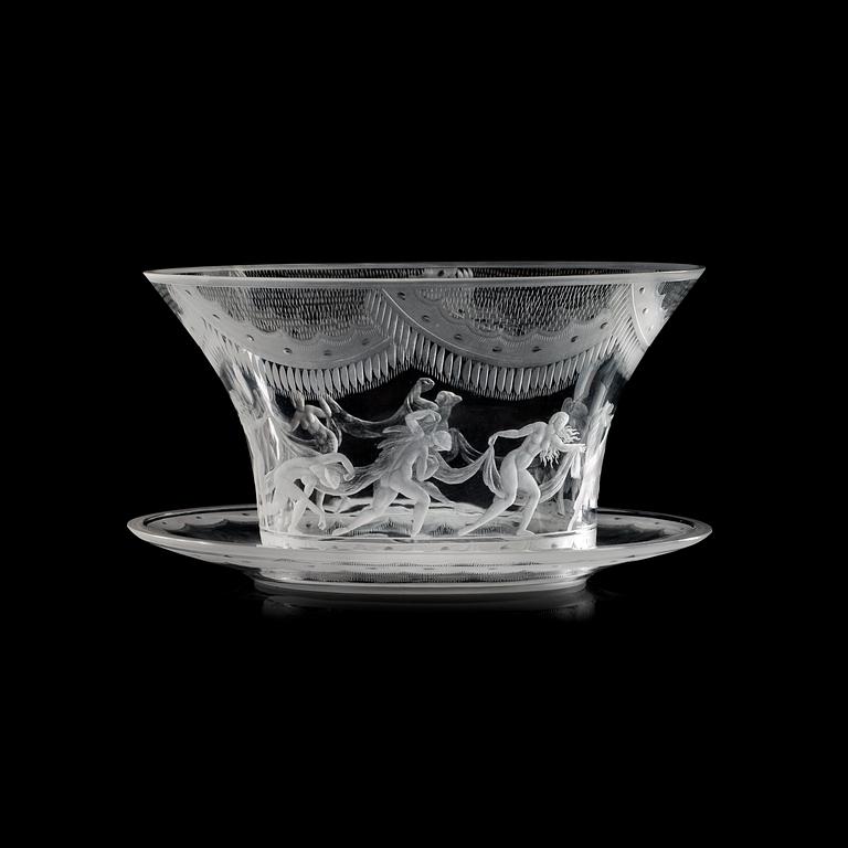 A Simon Gate 'Swedish Grace' engraved glass bowl with stand, Orrefors 1924.