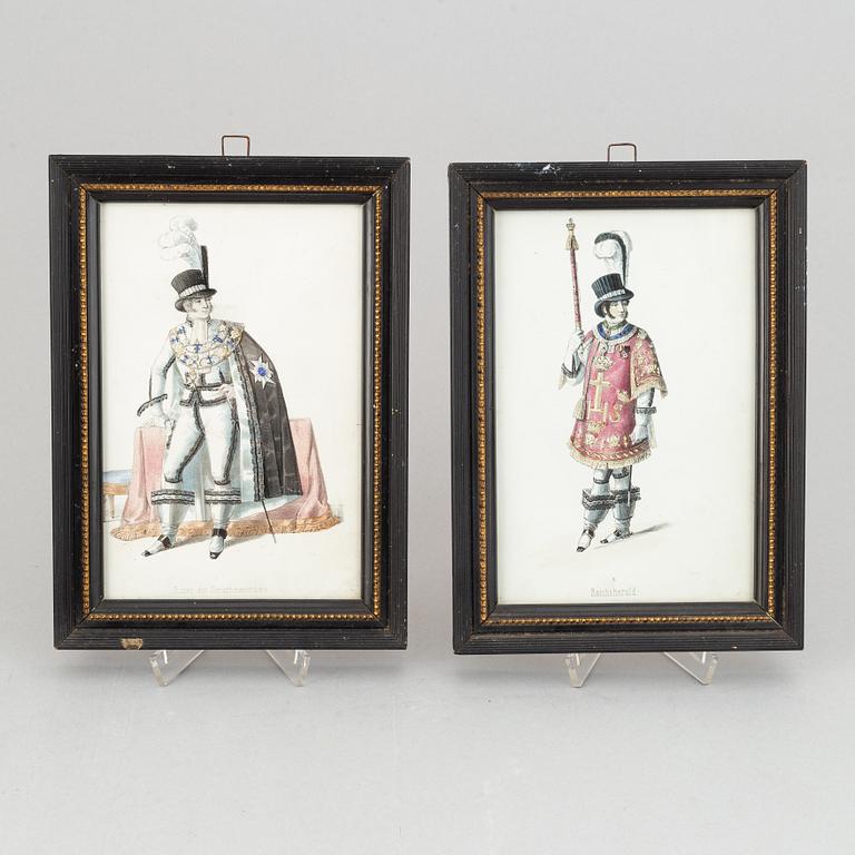 A set of twelwe hand-coloured litographs of Swedish chivalric orders by Adolf Ulrik Schützercrantz.