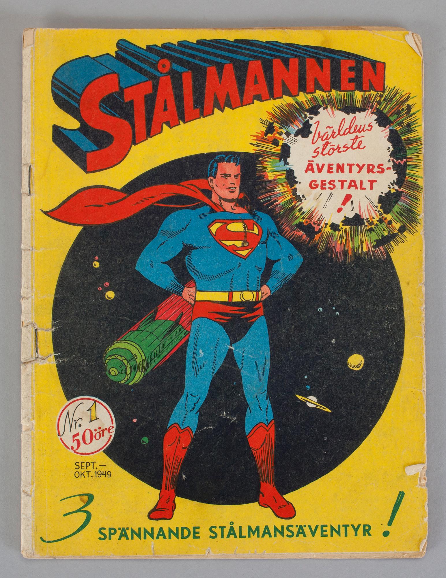 SERIETIDNINGAR, 2 st, Stålmannen, nr 1 resp 2, 1949.