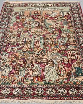 A RUG, an antique Kerman Laver figural, "the Rulers of the World", ca 234-235 x 142 cm.