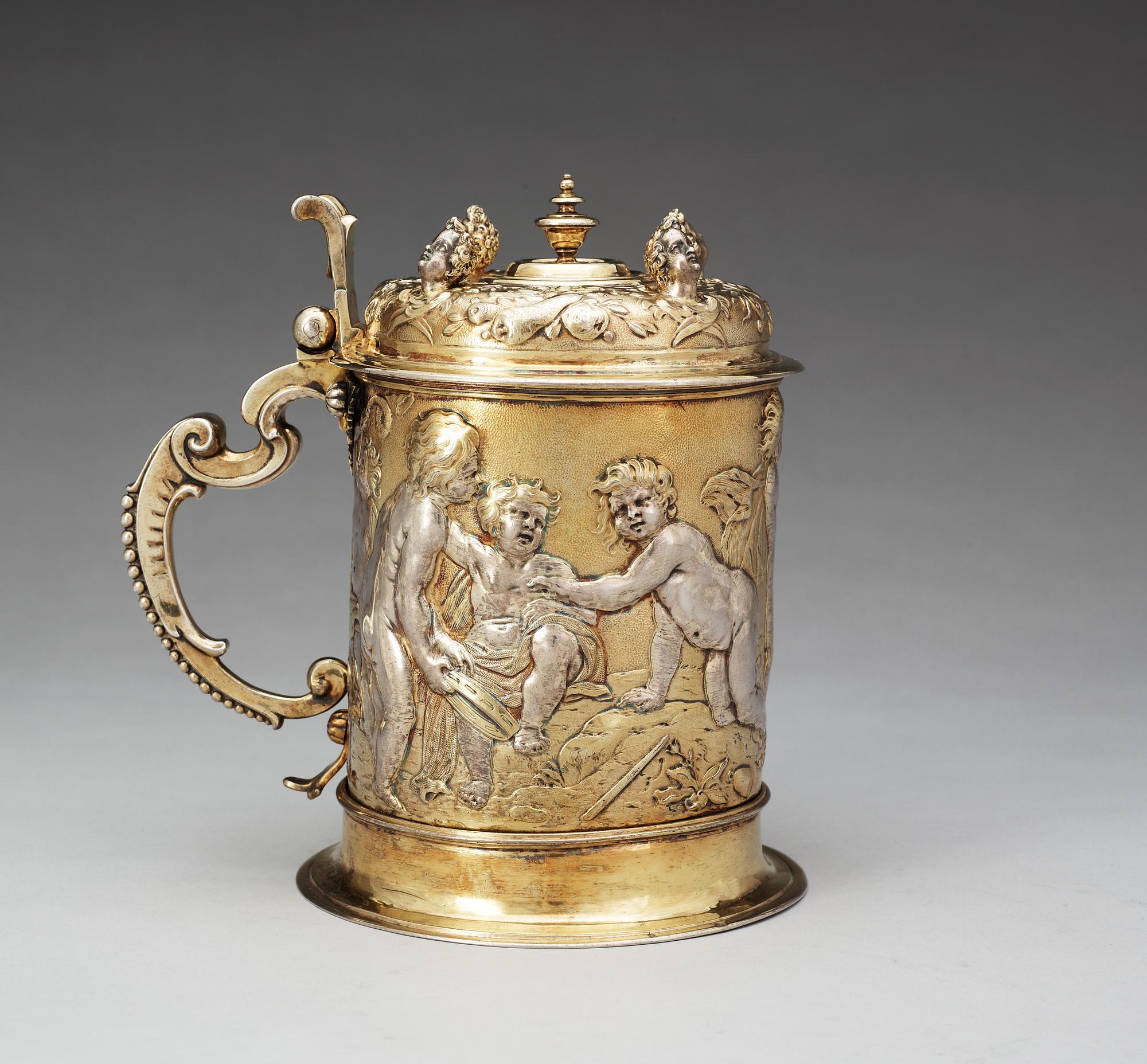 An important German 17th century parcel-gilt tankard, makers mark of Abraham Drentwett I, Augsburg 1645-1650.