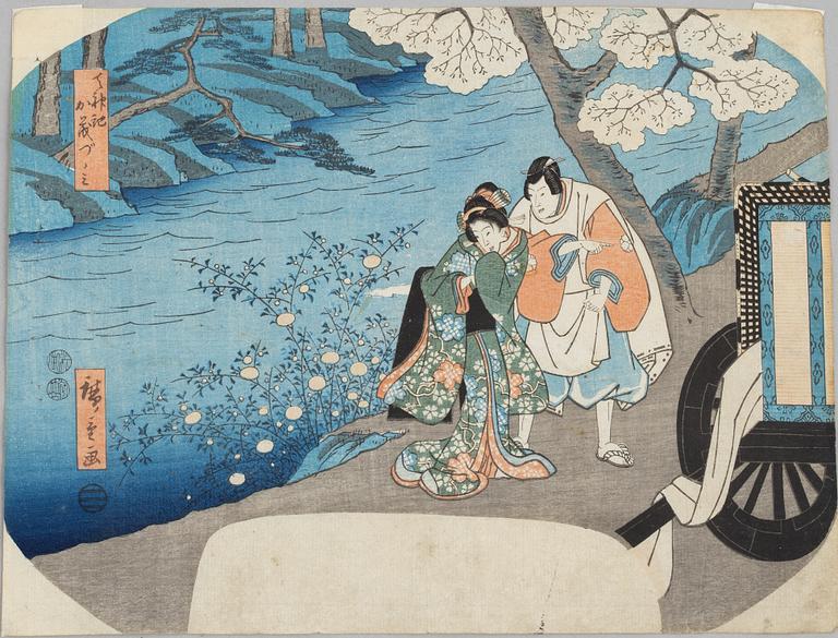 Hiroshige, Travelling couple by the river, 'fan-print'.