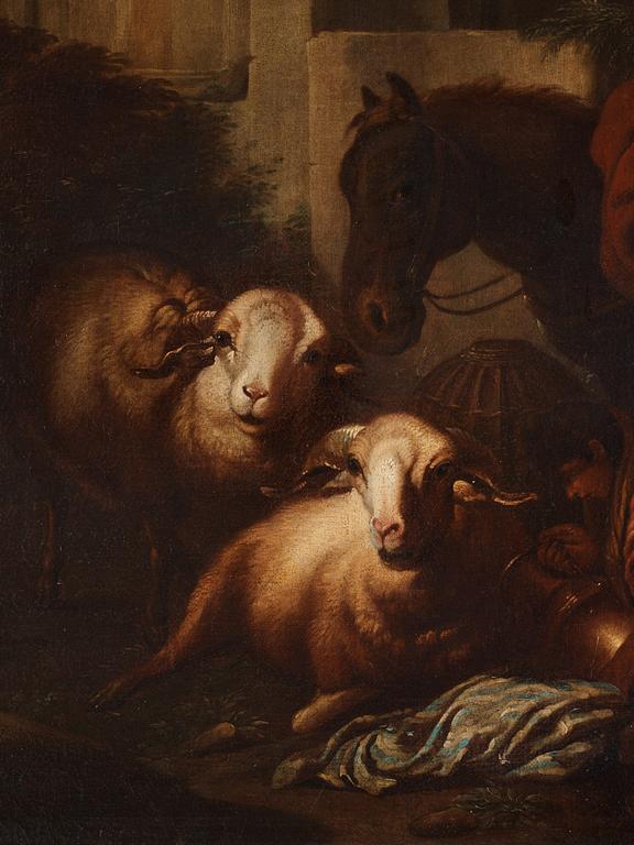 Philipp Peter Roos (Rosa di Tivoli) Follower of, Archaic landscape with livestock.
