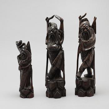 Three chinese wooden sculptures, 20th century.
