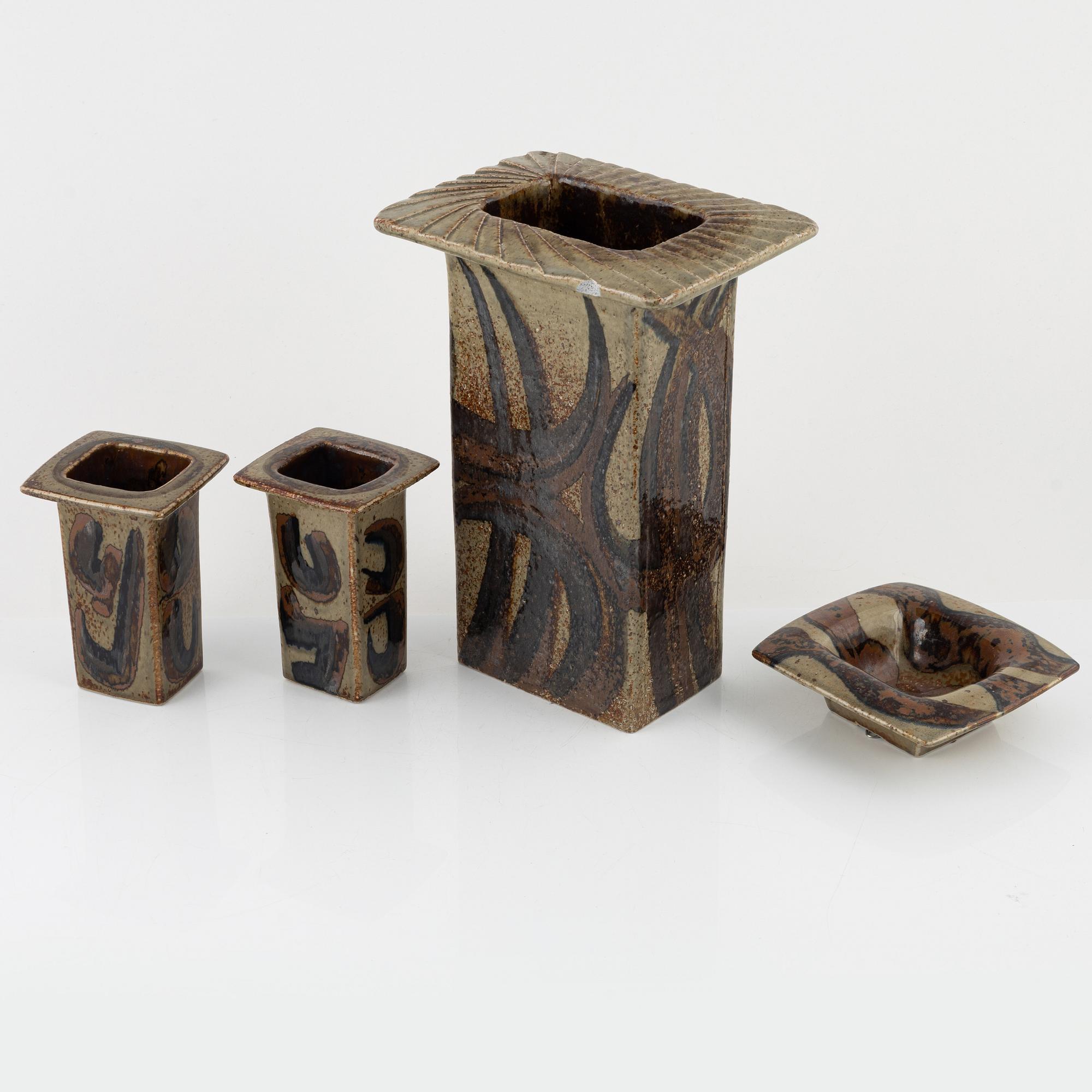 Bertil Lundgren, a group of three vases and a bowl / wall relief, Rörstrand.