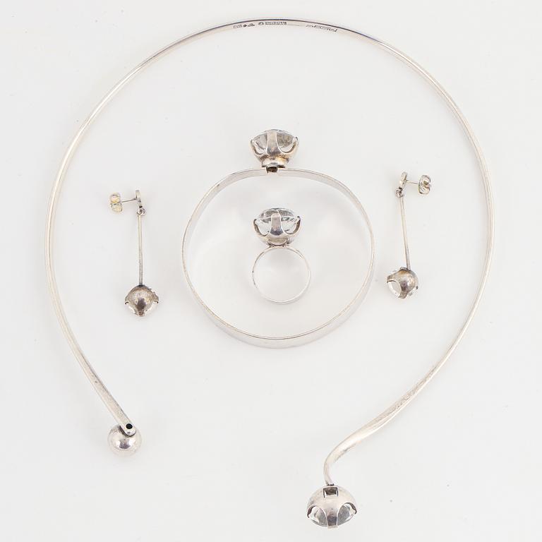 Pege Alton, silver and rock crystal, necklace, ring, bangle and earrings.