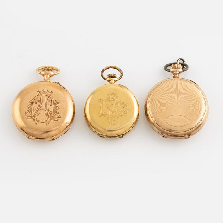 Ladies pocketwatches, 3 pieces, 14K/18K gold.