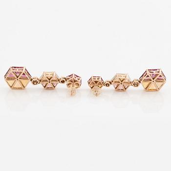 Earrings with opals, pink tourmalines, and brilliant-cut diamonds.