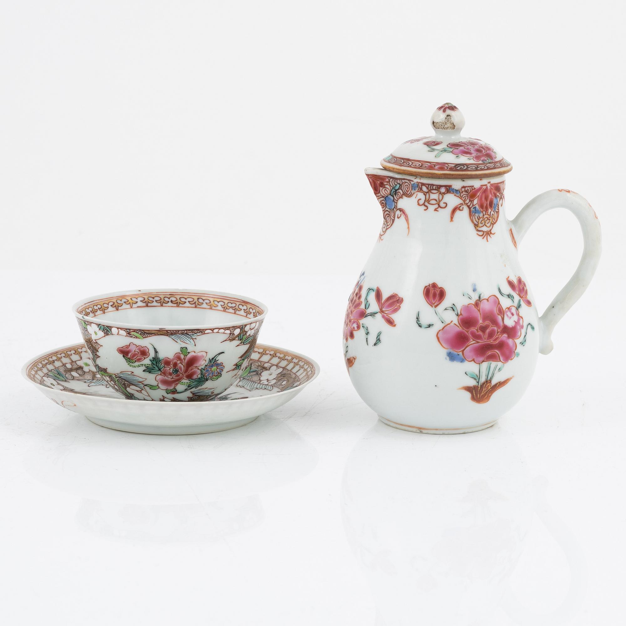 A cup with saucer, and a Famille Rose pot, China, 18th century.