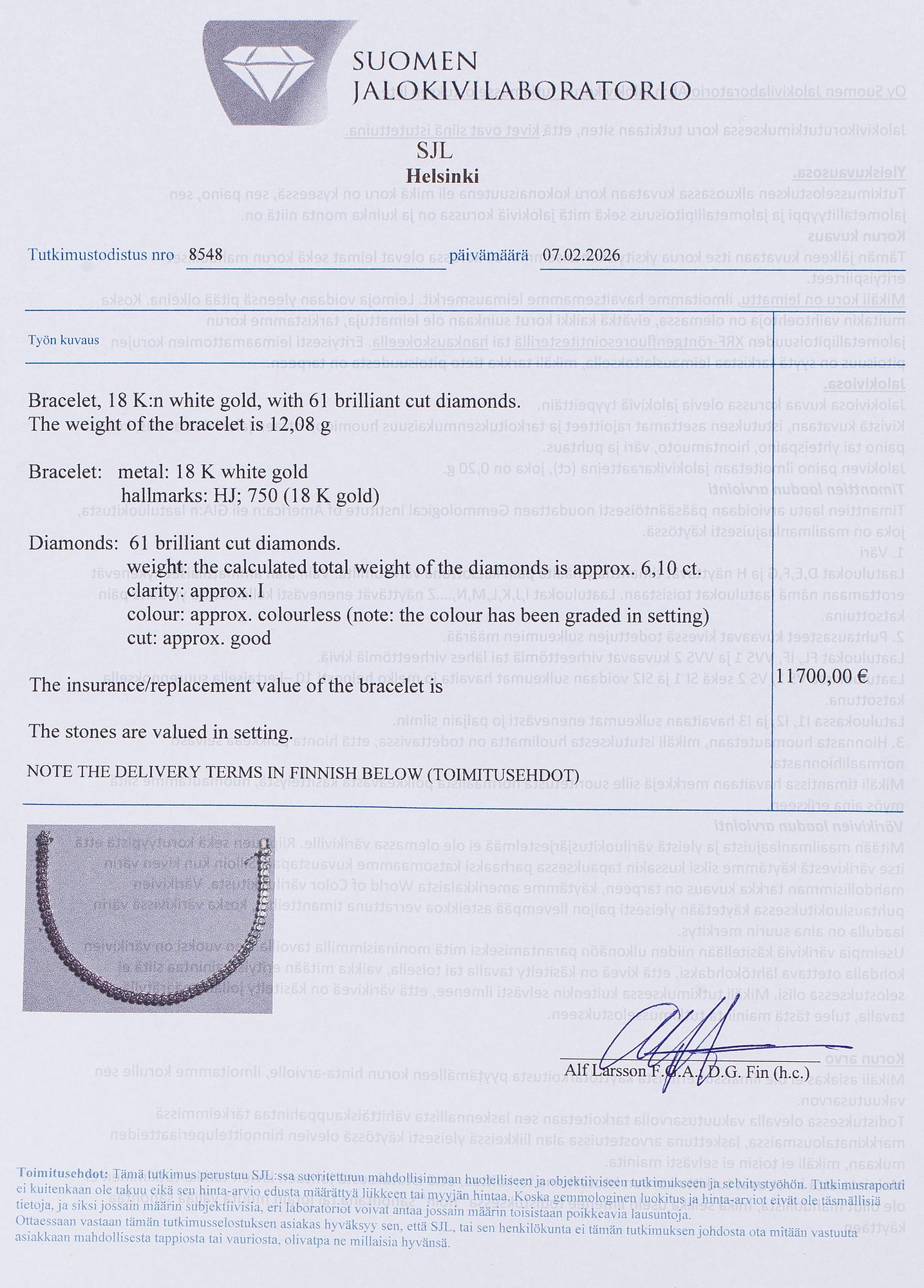 Tennisrannekoru, 18K valkokultaa, briljanttihiottuja timantteja.