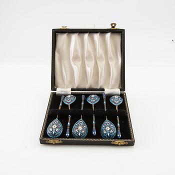 Spoons 6 pcs partially gilded silver and enamel Russia 1882-1890.