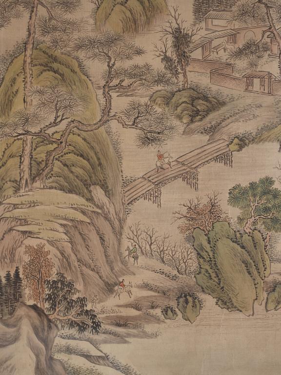 Zhang Qing (Tianma Shanmin), A mountain landscape with buildings and a man riding across a bridge in the foreground.