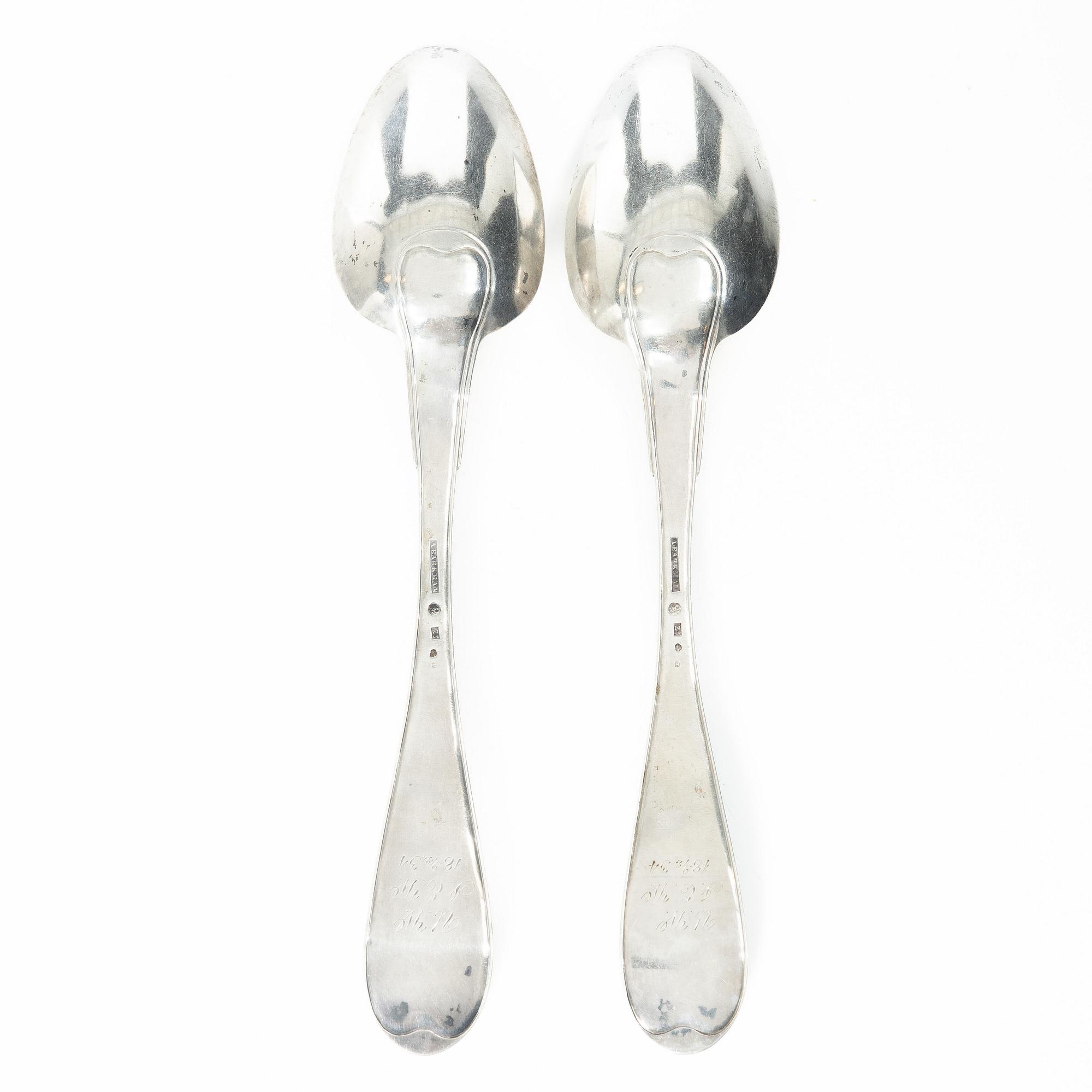 A pair of Swedish silver serving spoons, mark of Anders Theodor Barkman, Varberg 1830.