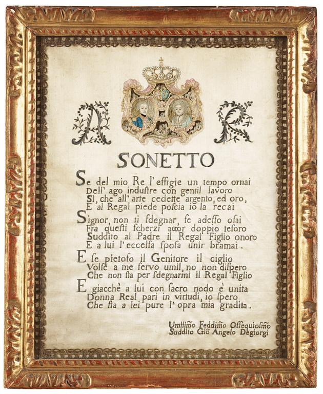 EMBROIDERY. "Sonetto". 40 x 31,5 cm. Around 1780.