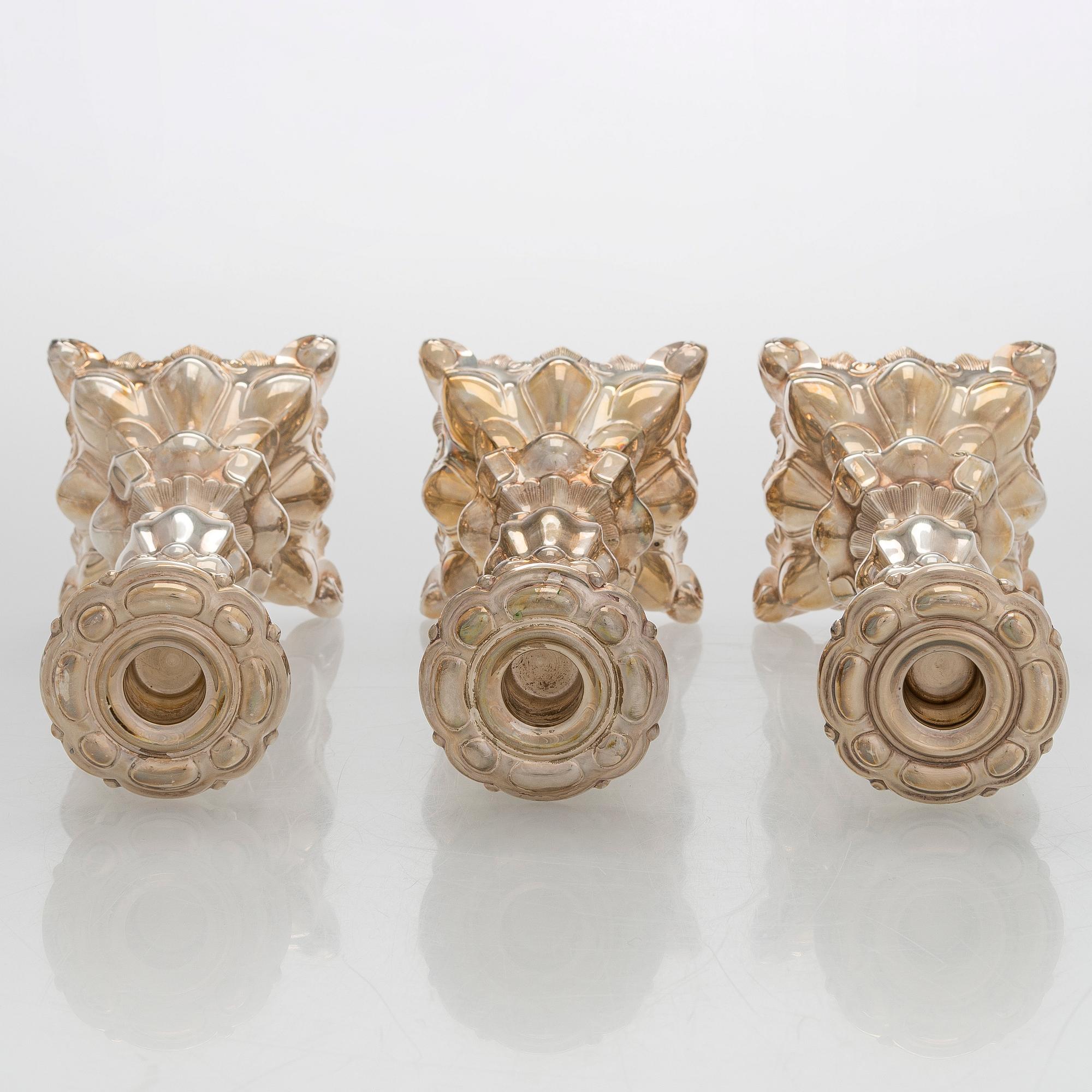 Kynttilänjalkoja, 3 kpl, hopea, Kultakeskus Hämeenlinna 1980 ja 1985.