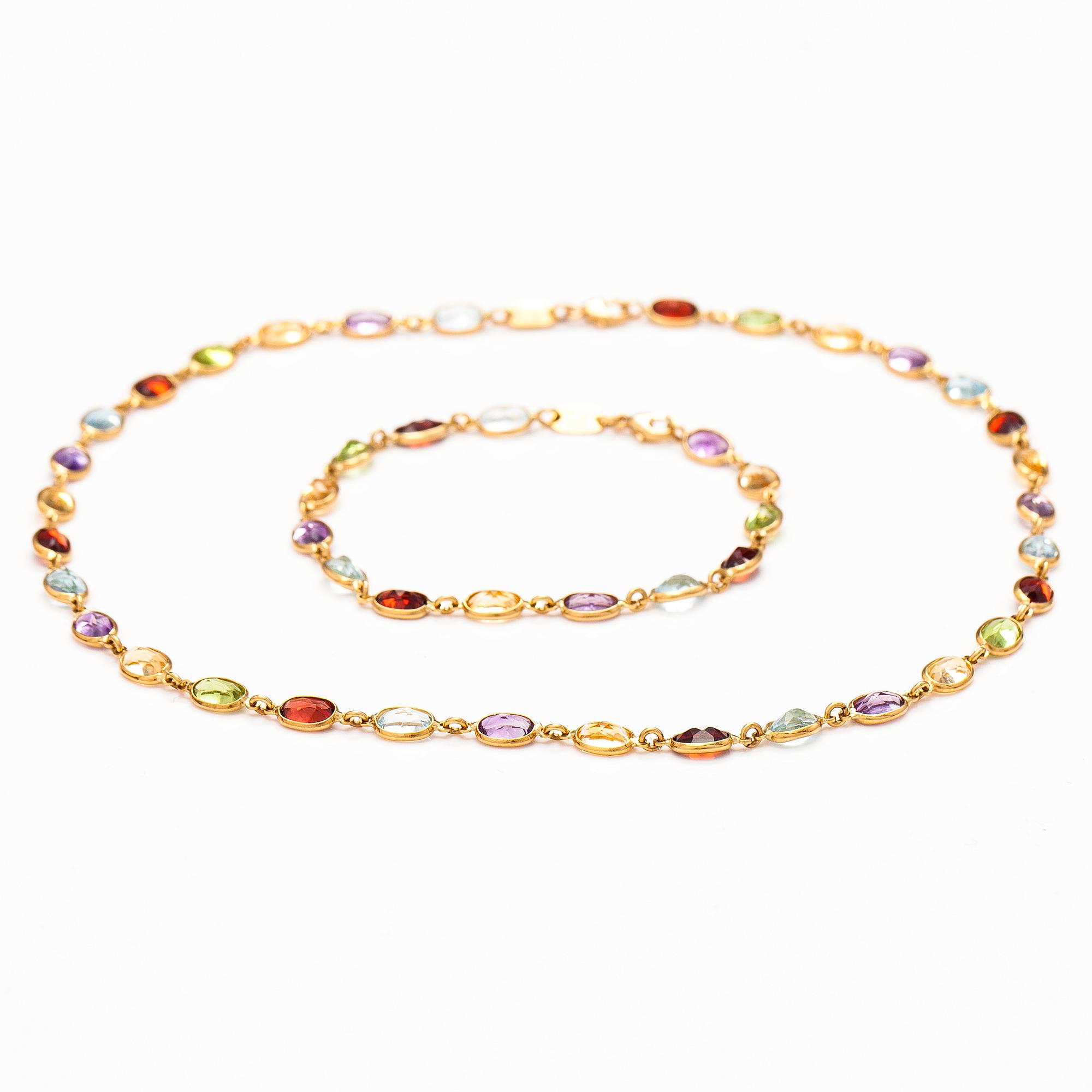 HALSBAND och ARMBAND, 18K guld, granater, peridoter, topaser, citriner och ametister. Le-Gi, Italien.
