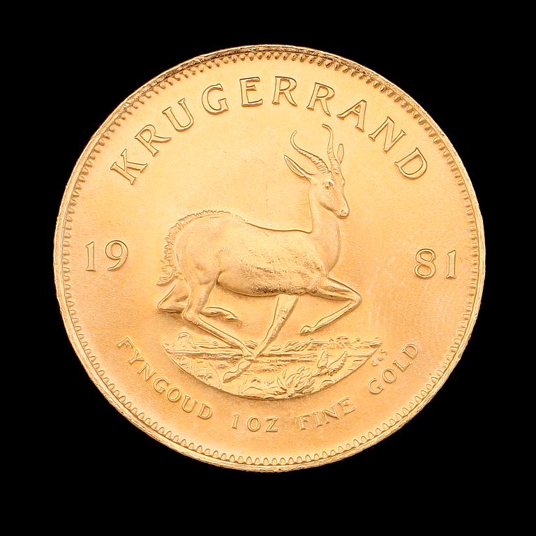 GULDMYNT, finguld, Krugerrand, Sydafrika, 1981. Vikt ca 34 g.