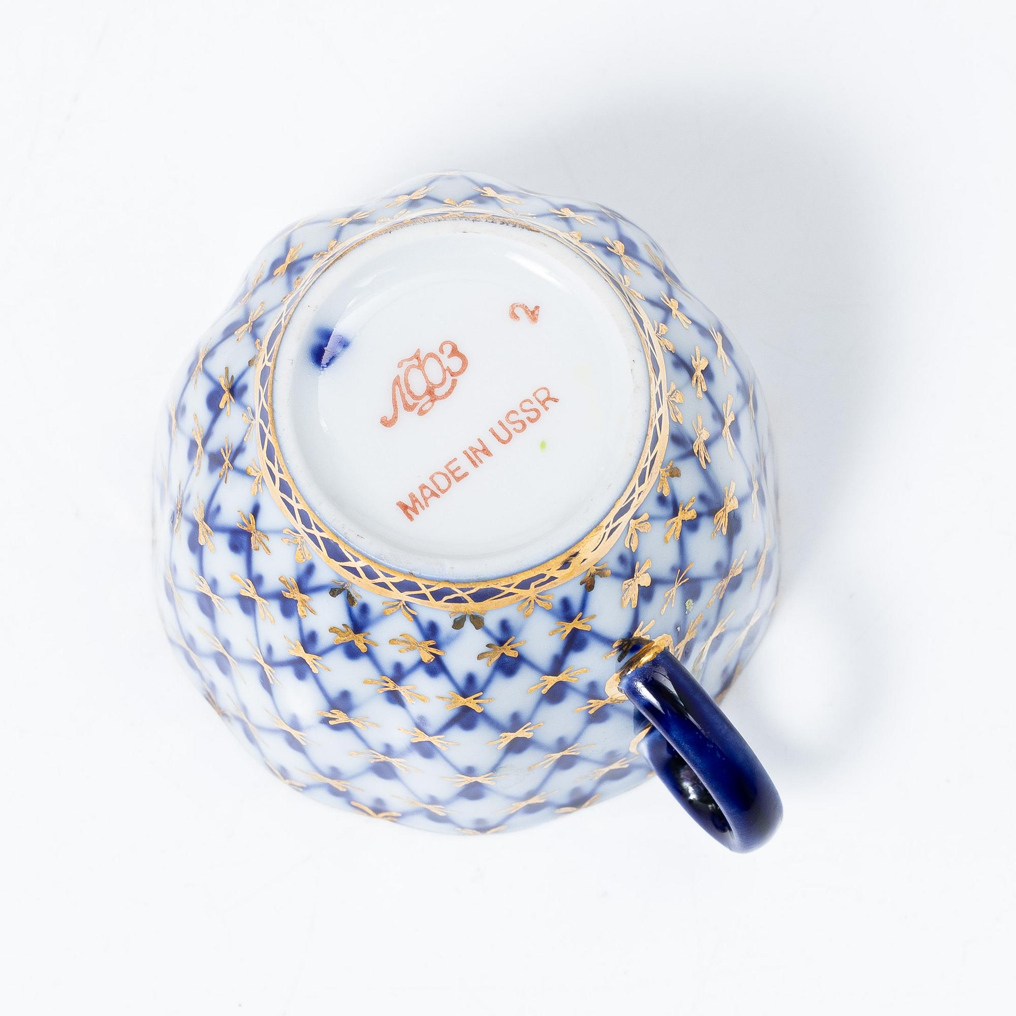 Tweleve coffee cups and saucers, 'Cobalt Net', Lomonosov.