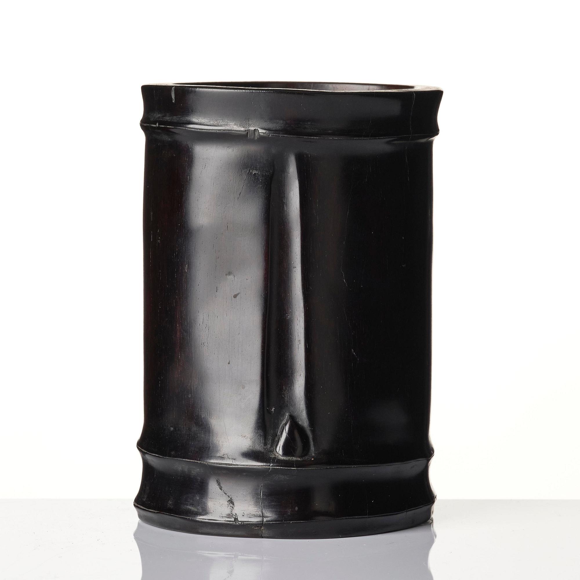 A hardwood bamboo shaped brushpot with a sceptre, China, 20th century.