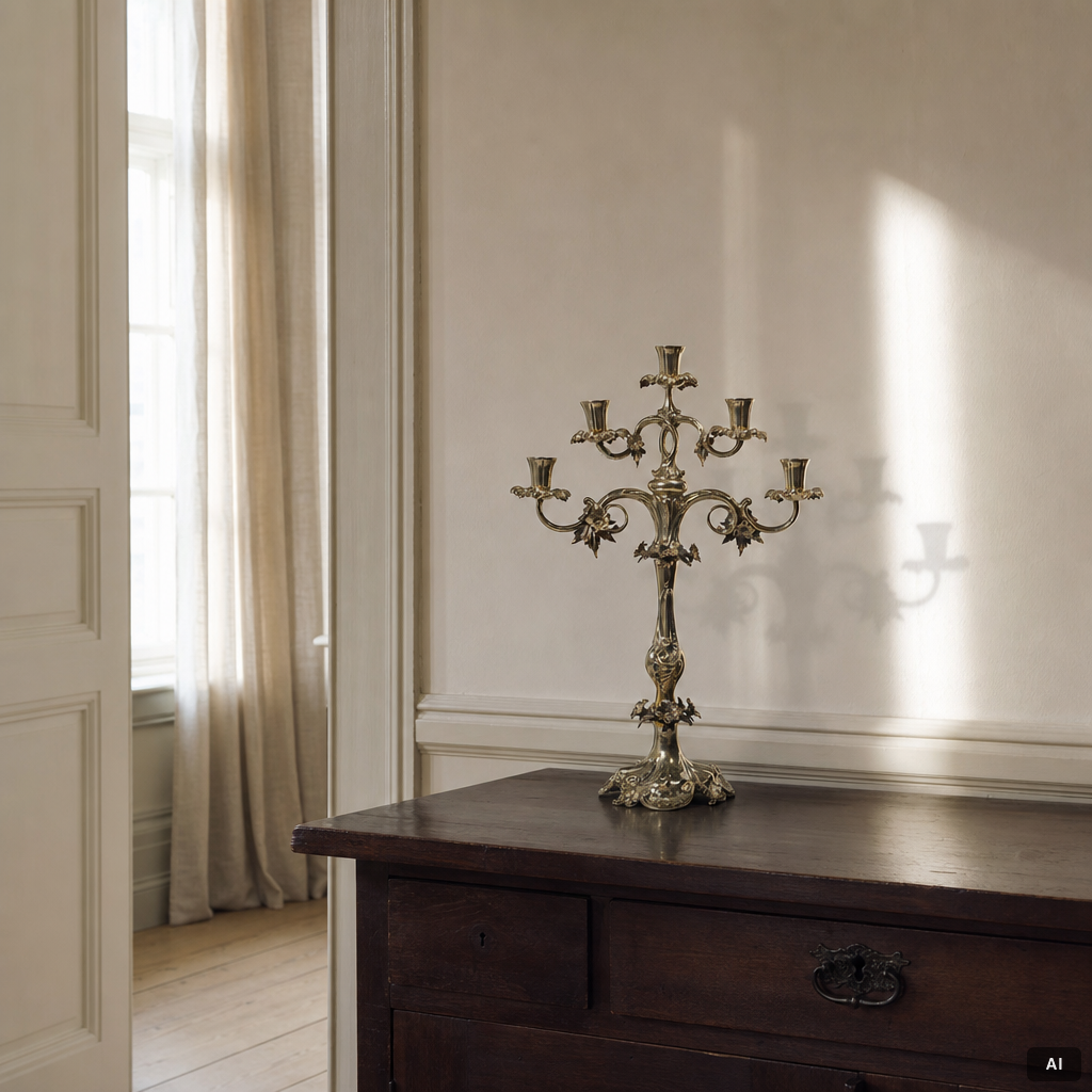 Candelabrum, nickel silver, Rococo style, circa 1900.