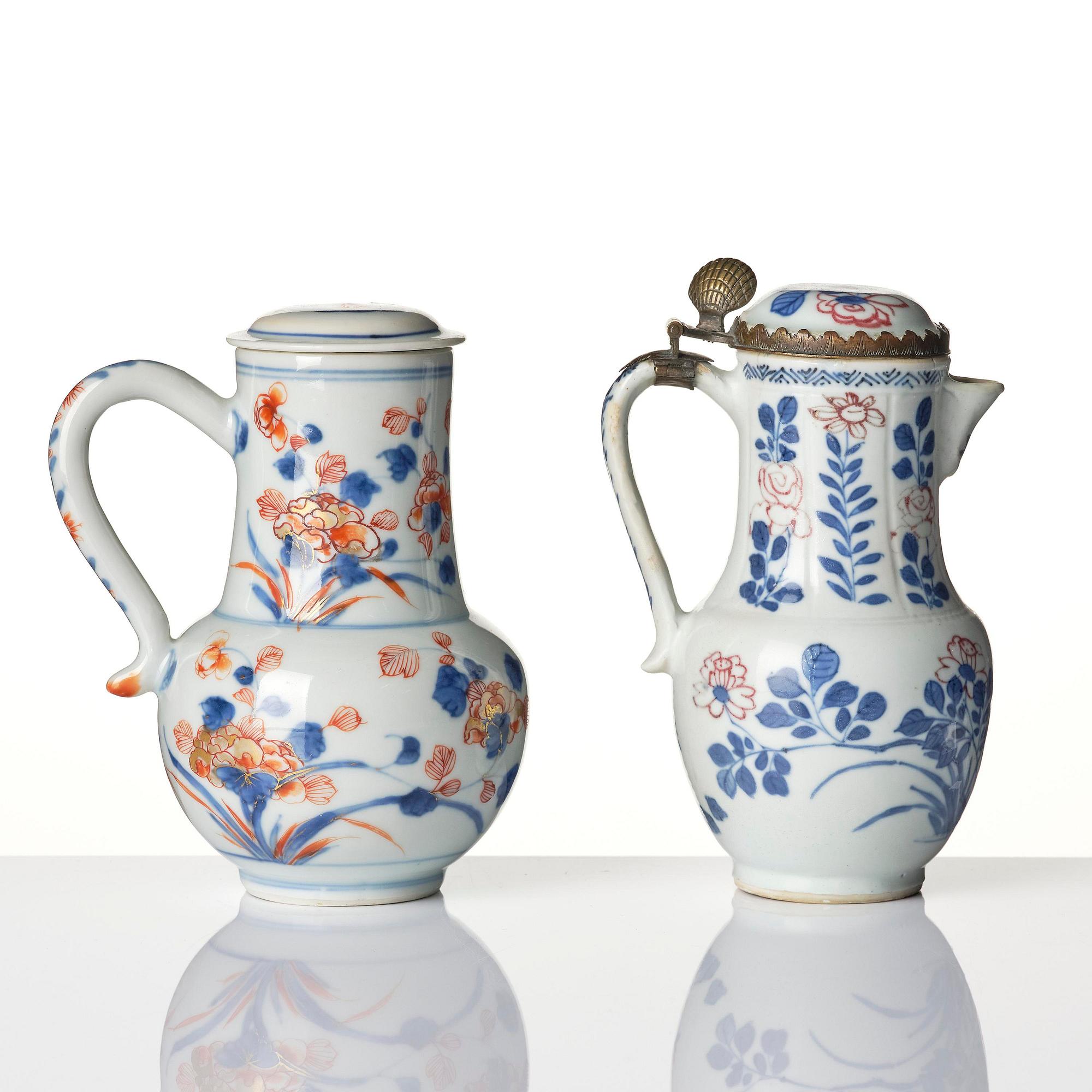 An underglaze red, celadon and an imari ewer with cover, Qing dynasty, Kangxi (1662-1722).