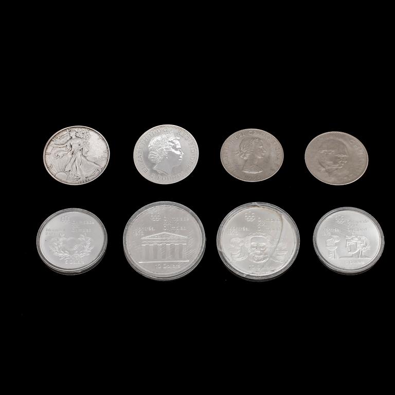 PARTI SILVERMYNT, 6 st, England, USA och Kanada, vikt ca 220 gr. Exklusive 2 mynt präglade i kopparnickel som medföljer.