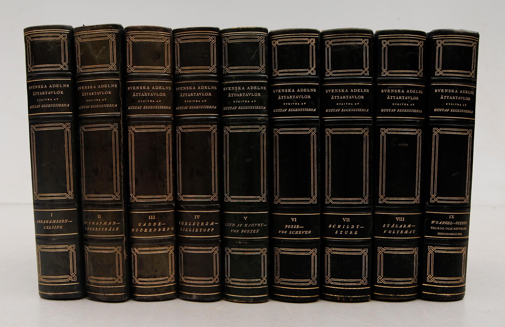 BOKBAND, 9 vol., Svenska Adelns Ättartavlor, 1930.
