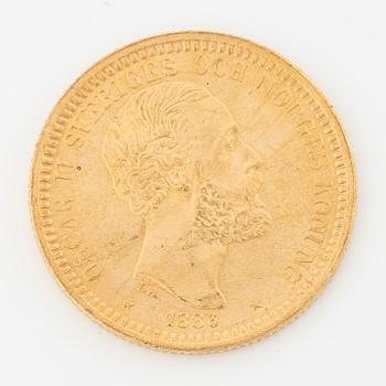Gold coin, Oscar II, 20Kr, Type III, Sweden 1886.