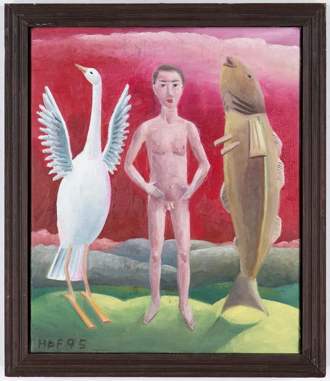 HELGI THORGILS FRIDJONSSON, "Tilhugalif Courting", olja på duk, monogramsignerad, daterad 95.
