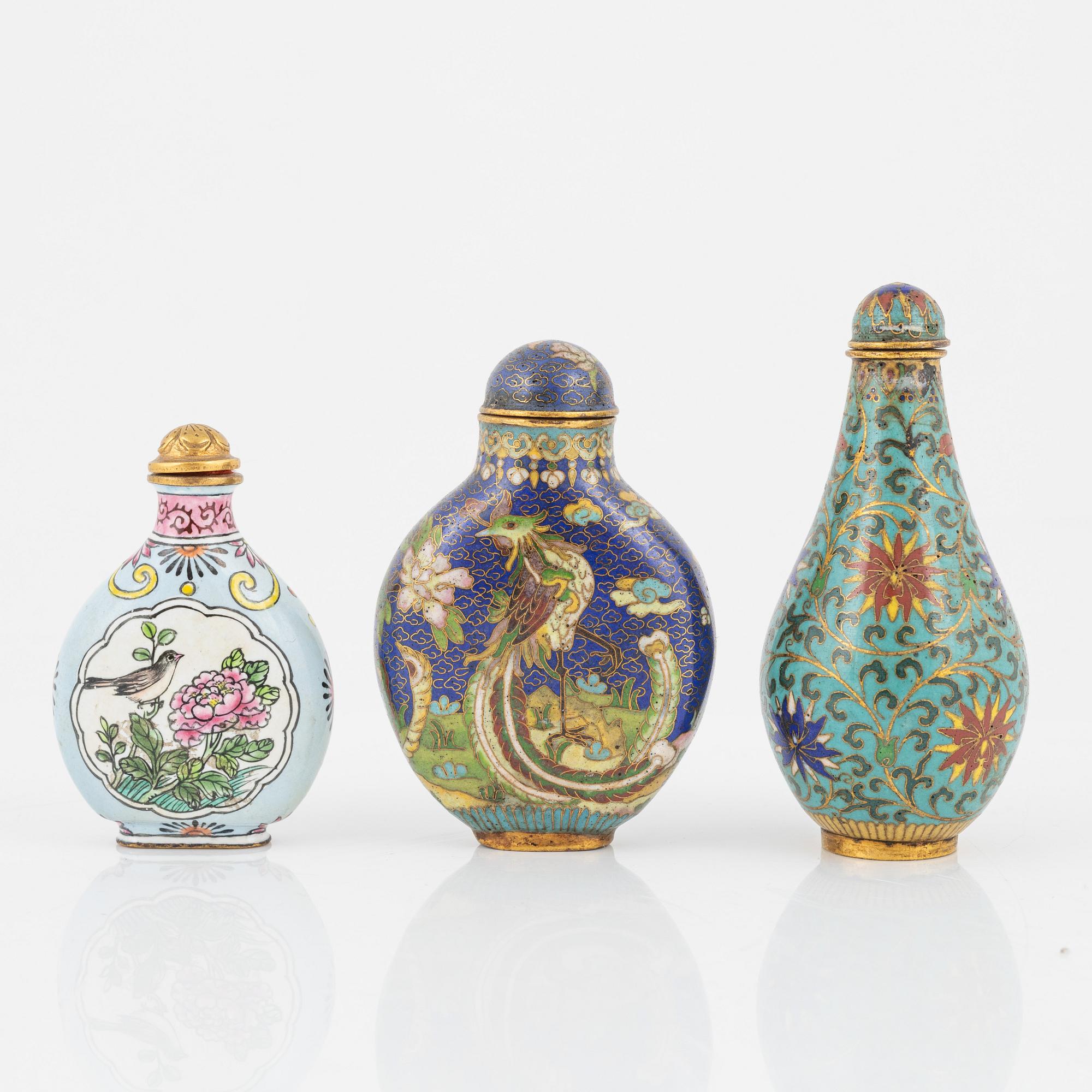 Ten snuff bottles, stone, glass and cloisonné, China, 20th century.