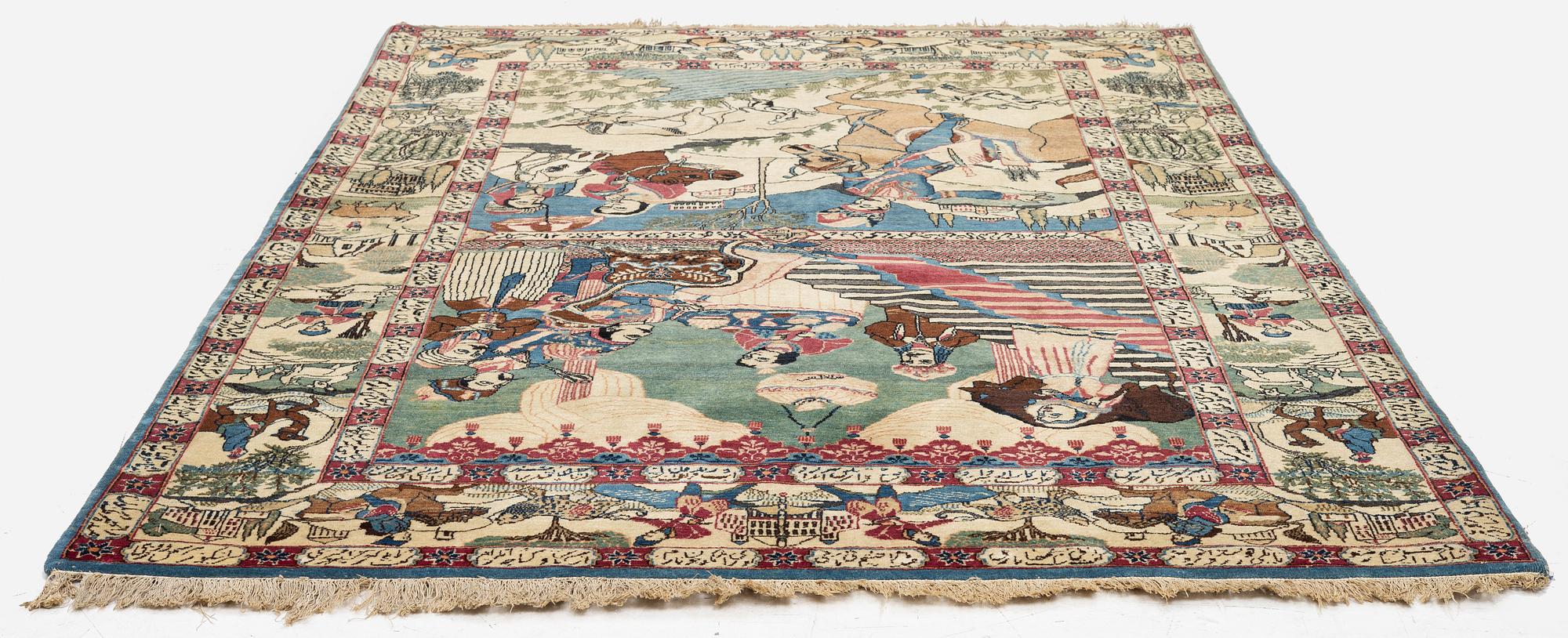 A semi-antique pictoral Kashan rug, Central Persia, c. 206 x 138 cm.