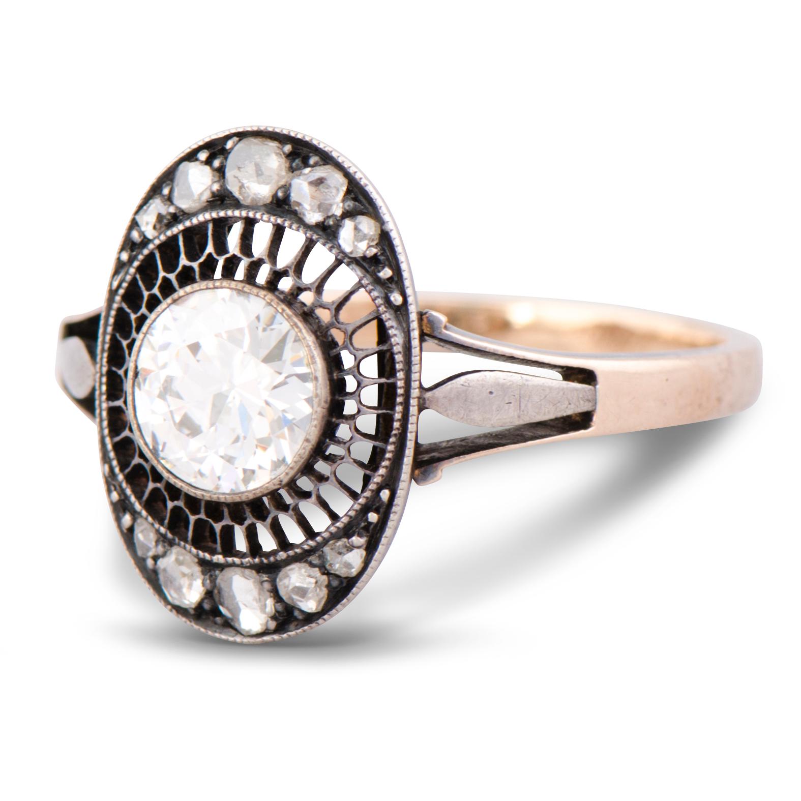 A RING, old cut diamond, rose cut diamonds, 14K (56) gold. Kiev.