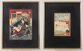 Oidentifierad konstnär, två s.k. Shunga-motiv, erotiska scener, Japan, 1800-/1900-tal.