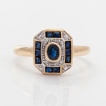 A 14K gold ring with sapphires and eight-cut diamonds. Finnish import marks 1994.