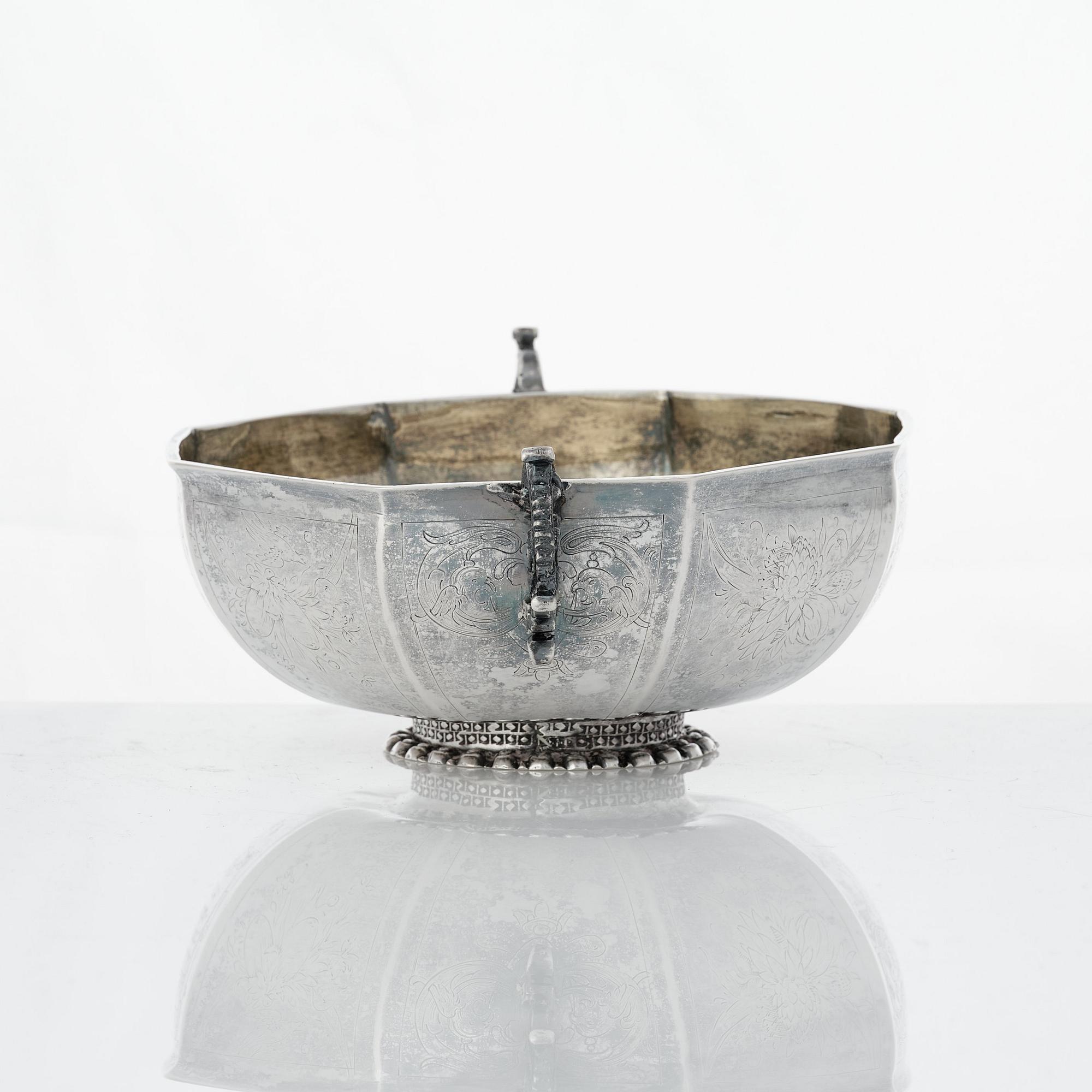 A Swedish Baroque parcel-gilt silver brandy-bowl, mark of Petter Lund, Nyköping 1703.