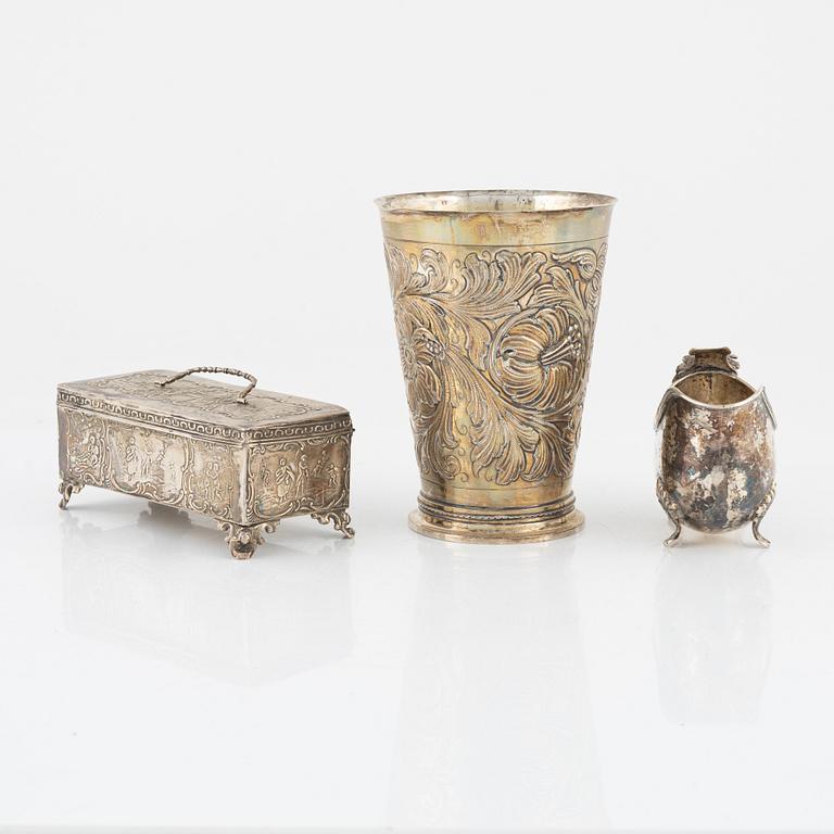 A Silver Box, Creamer and Beaker, including mark of GAB, Stockholm 1935.