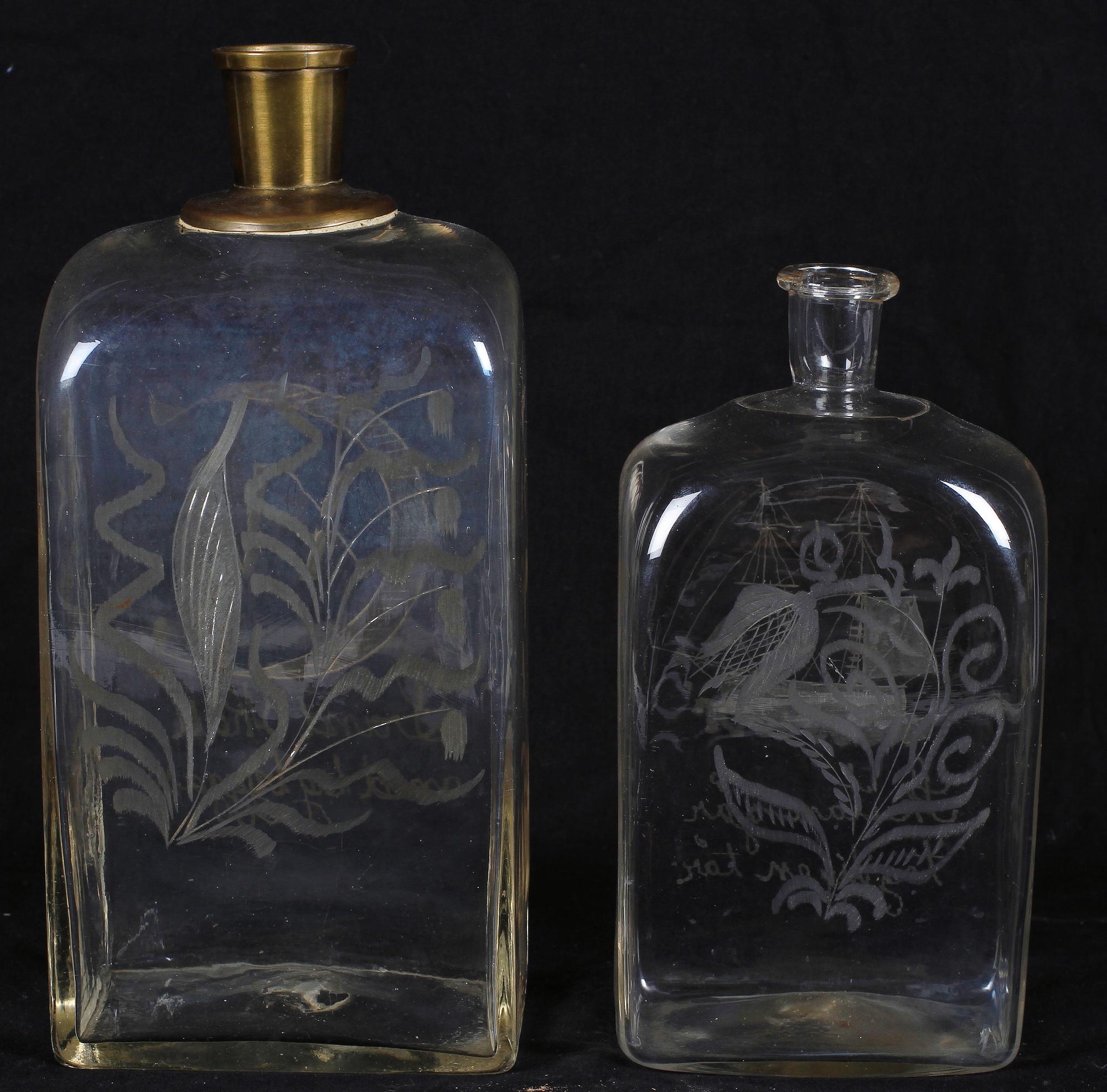 BRÄNNVINSFLASKOR, 2 st, glas, 1800-tal.