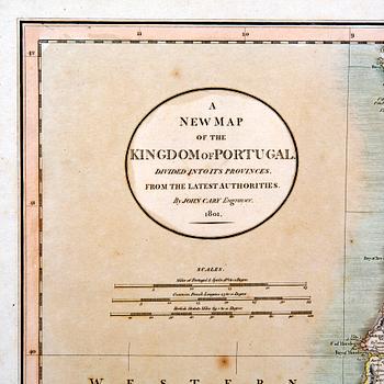 John Cary, map of Portugal, hand colored copper engraving, London 1801.