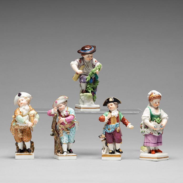 A group of five porcelain figurines of children, Meissen and Vienna.