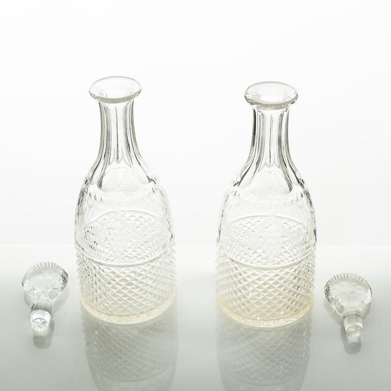 Two glass decanters, around the year 1900.