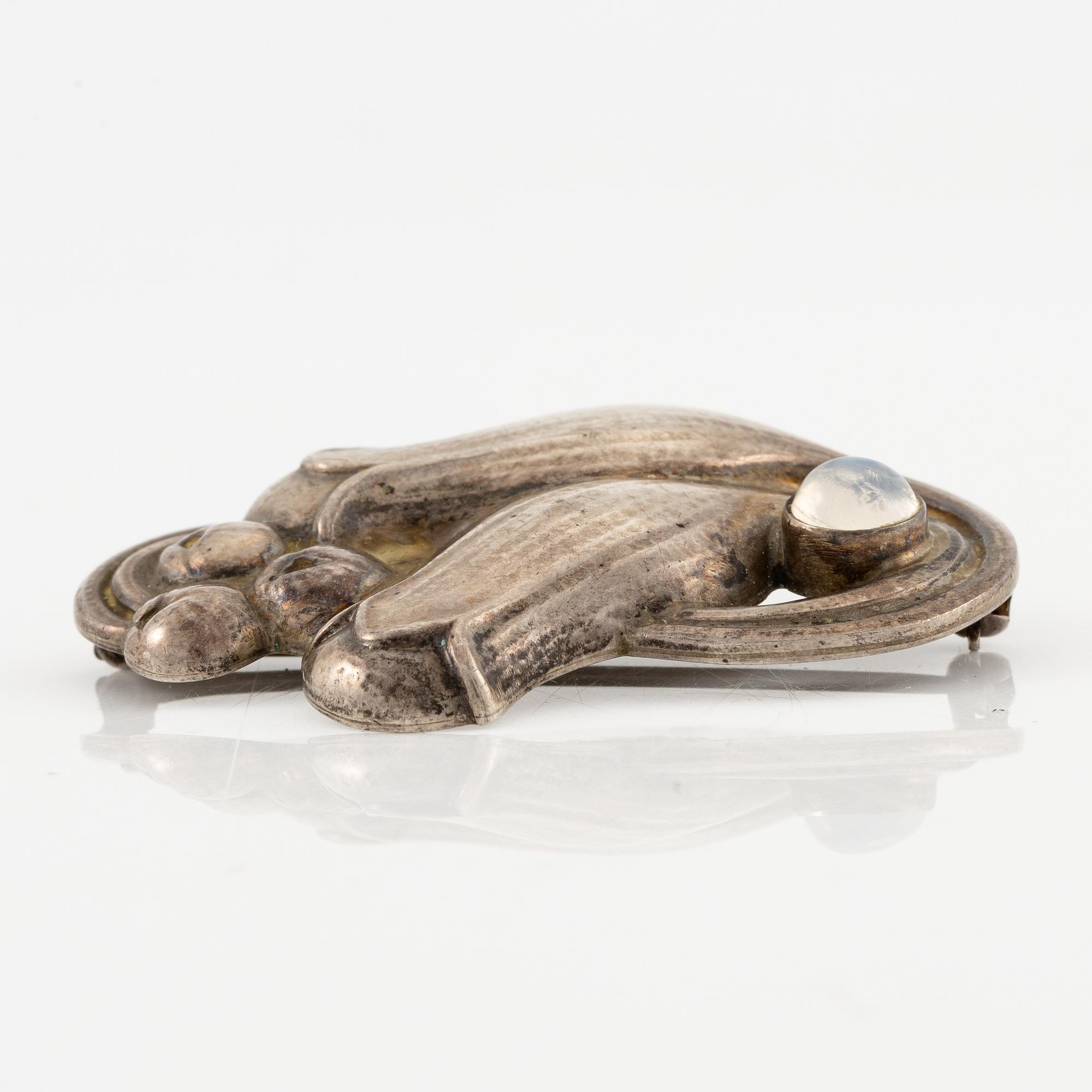 Georg Jensen, a brooch, silver with cabochon-cut moonstone. After 1945.