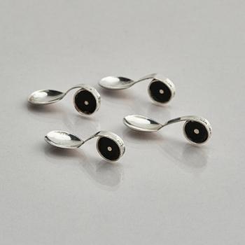 Guldsmedsaktiebolaget (GAB), four silver and bakelite salt-cellars, design by Eric Pihlgren, Stockholm, Sweden 1938.