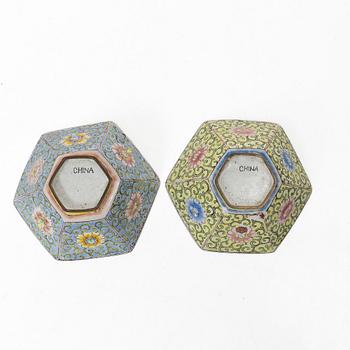 A set of six Chinese enamel on copper bowls and a dish, Qing dynasty and 20th century.