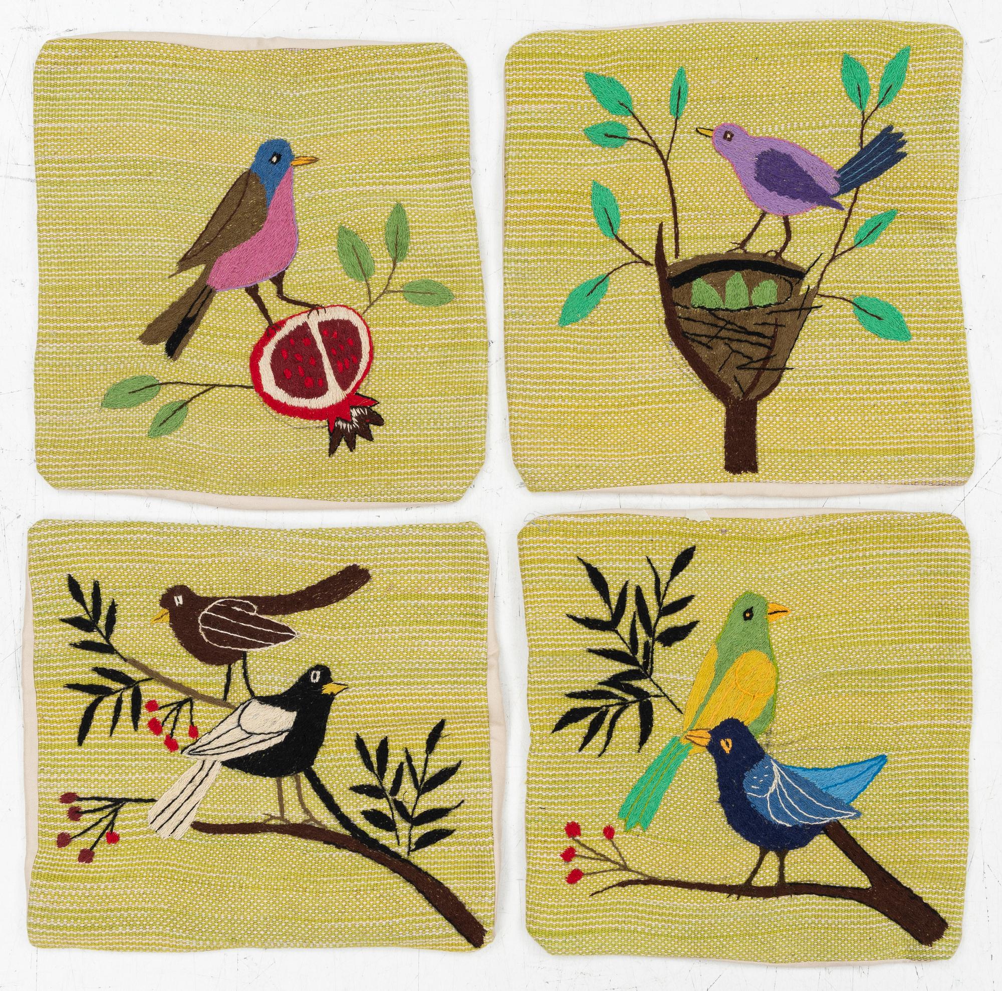 Four cushion covers, hand-embroidered Kelim, c. 50 x 50 cm.