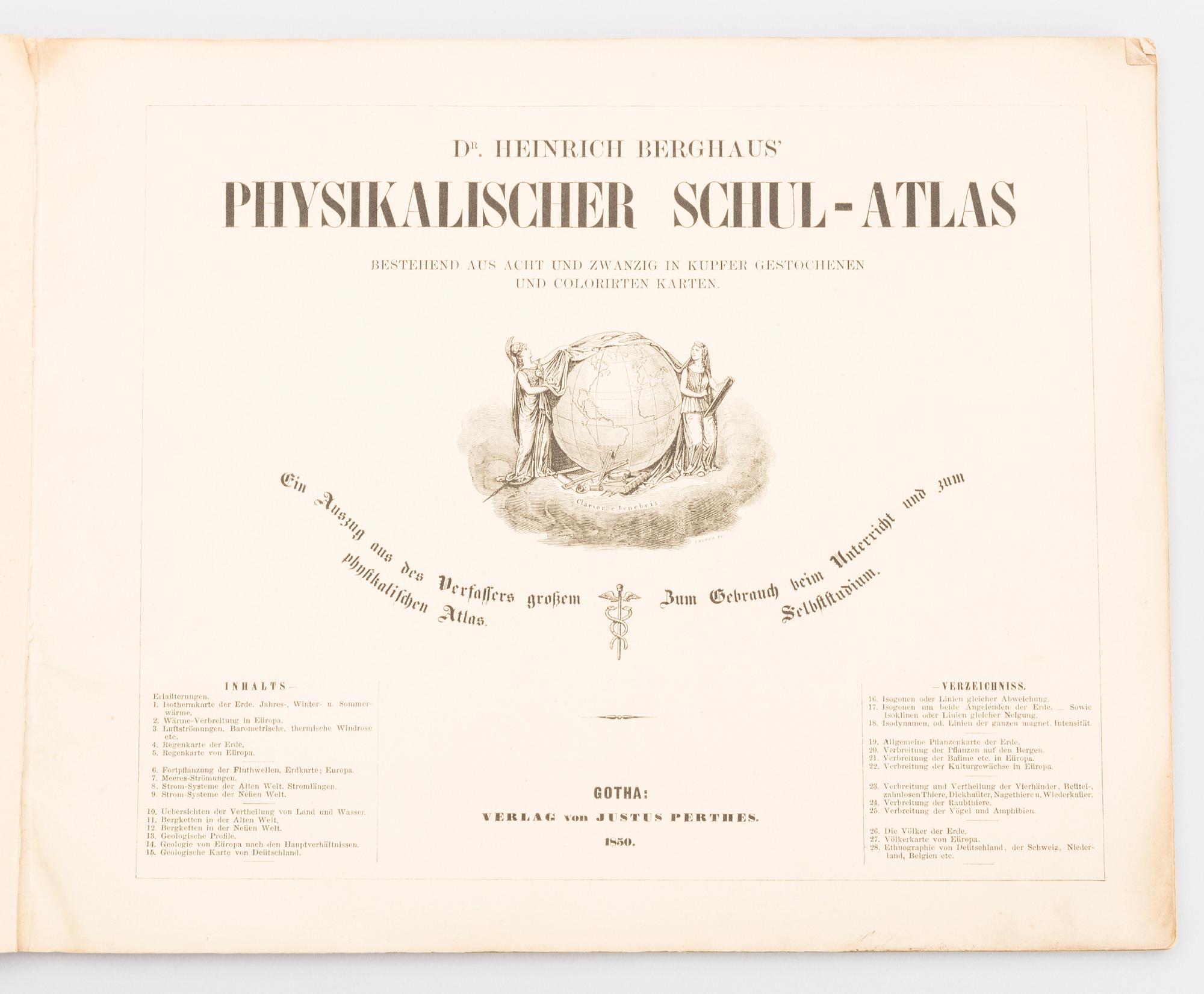 "Physikalischer schul-atlas by Dr Heinrich Berghaus. Utgiven verlag Justus Perthes 1850.